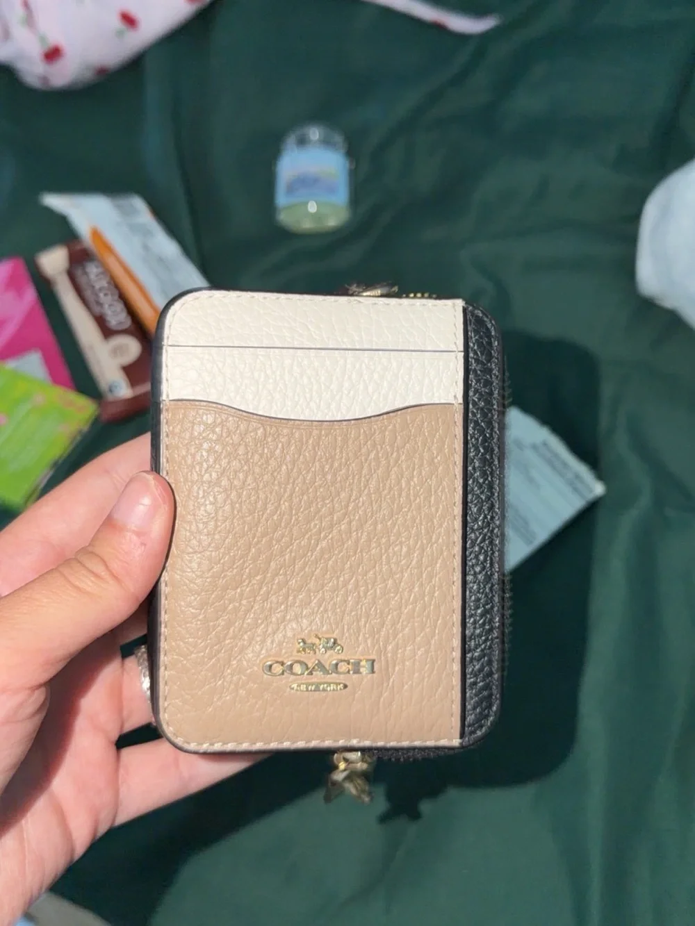 Coach Two-Tone Leather Card Wallet in Beige, White & Black